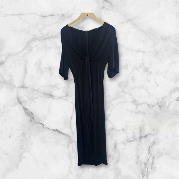 Zara Black Silky Dress Short Sleeve Maxi Asimetric Size M Chest Open And Skirt - Picture 2 of 16